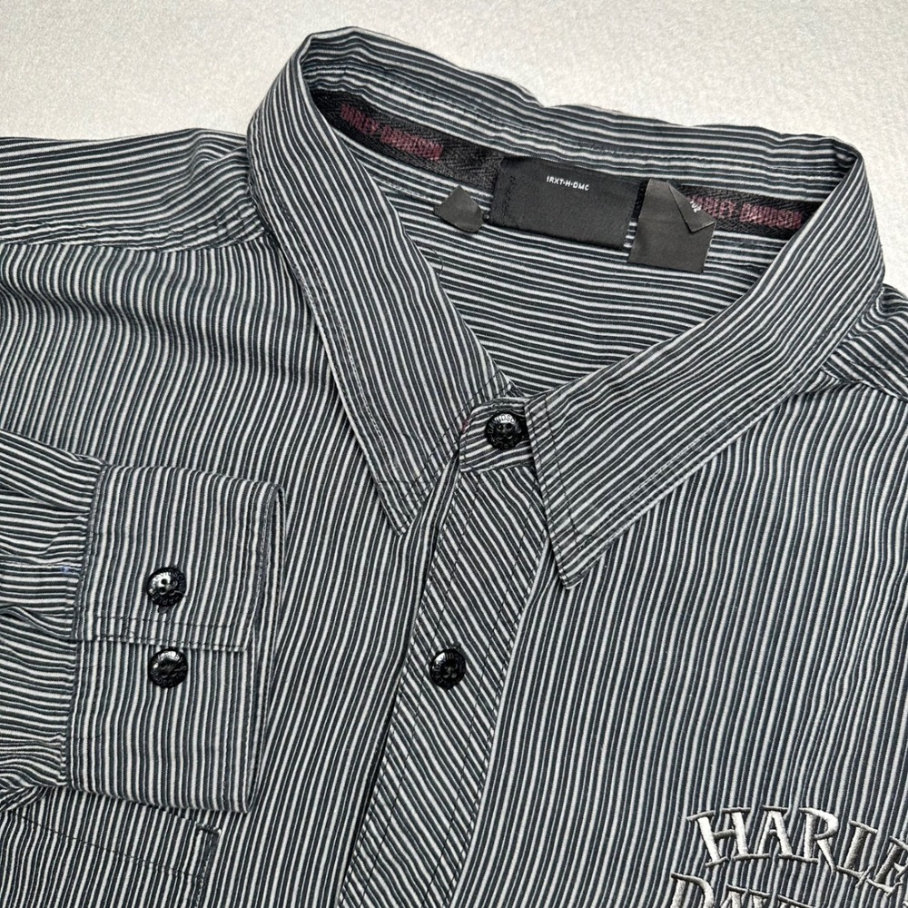 Harley-Davidson Button Up Shirt Mens 3XL Black White Pinstripe Embroidered Logo